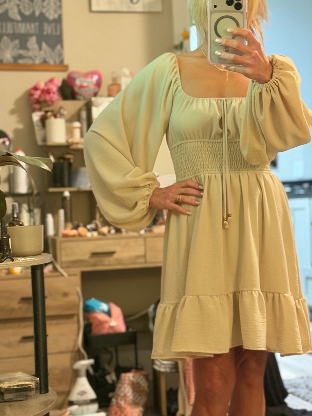 Smocked Waist Square Neck Long Sleeve Mini Dress - Cream